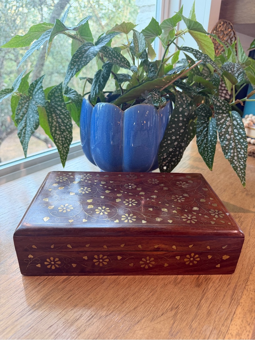 Handcrafted Floral Inlay Wooden Keepsake Box - Brown